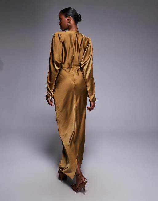 ASOS DESIGN - Satijnen maxi jurk met vleermuismouwen in olijfgroen, 4 van 4