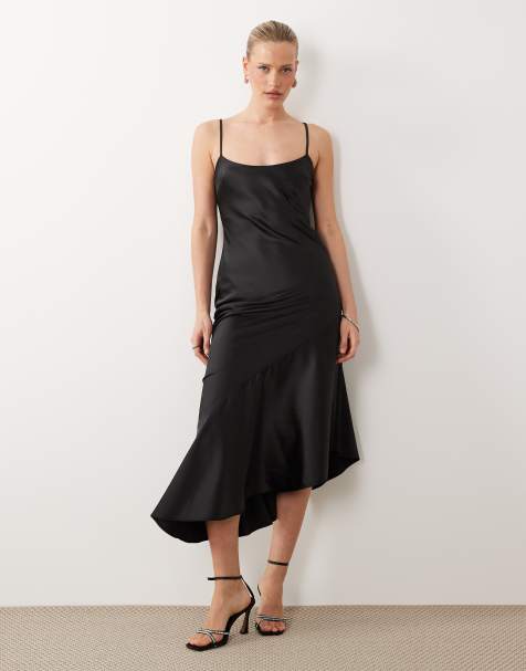 ASOS DESIGN satijnen maxi slipjurk met asymmetrische zoom in zwart - view 1