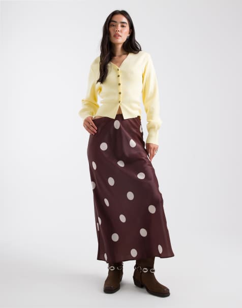 ASOS DESIGN - Satijnen maxirok met lage taille en polkadot in chocoladebruin - view 1
