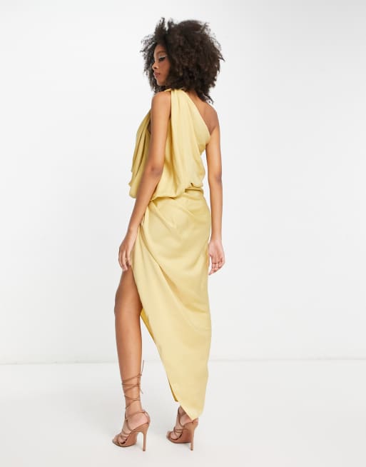 ASOS DESIGN - Satijnen midaxi-jurk met blote schouder en hoge split in goud, 2 van 4