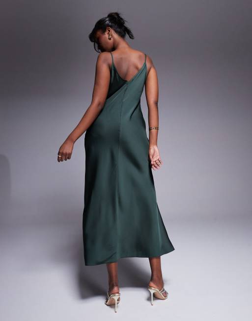 ASOS DESIGN - Satijnen midaxi jurk met V-hals, naaddetail en split in donkergroen, 2 van 4