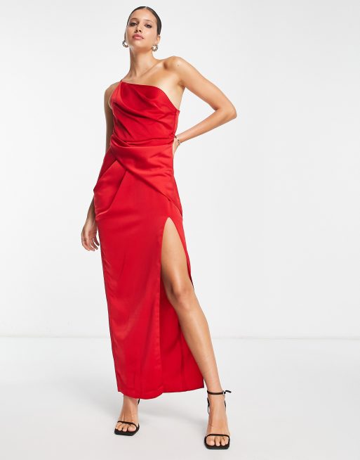 ASOS DESIGN - Satijnen midi jurk met blote schouder, bandjes en split in rood , 4 van 4