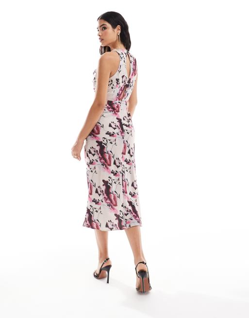 ASOS DESIGN - Satijnen midi jurk met gedrapeerd lijfje en bloemenprint, 4 van 4