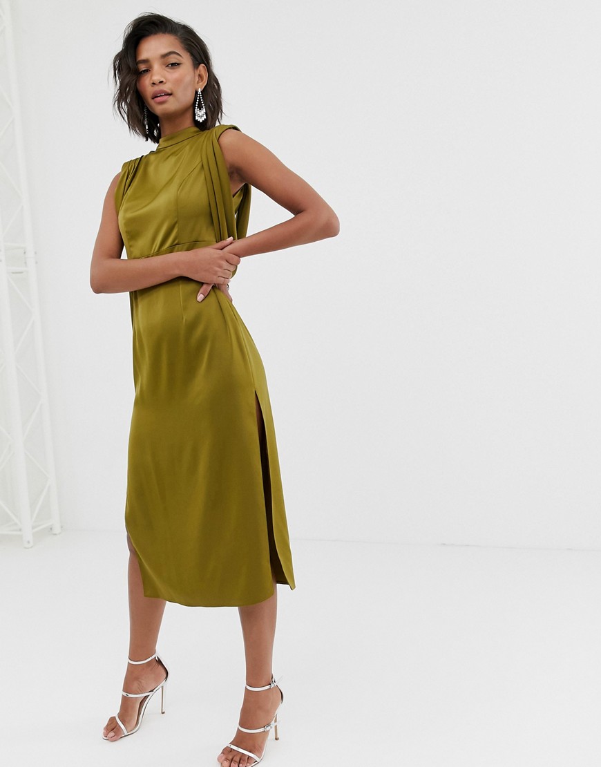 ASOS DESIGN - Satijnen midi-jurk met gedrapeerde armsgaten en zijsplit-Groen