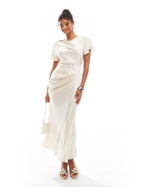 ASOS DESIGN - Satijnen midi-jurk met gerimpelde zijkant en fladdermouwen in oesterkleur - view 1