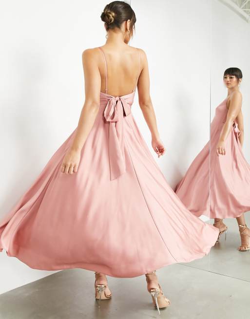 ASOS DESIGN - Satijnen midi jurk met gestrikte achterkant in oudroze