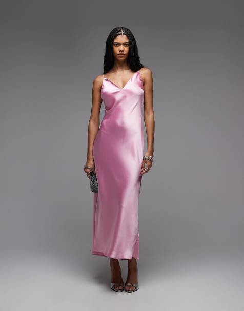 ASOS DESIGN - Satijnen midi jurk met hoge cups in suikerroze - view 1