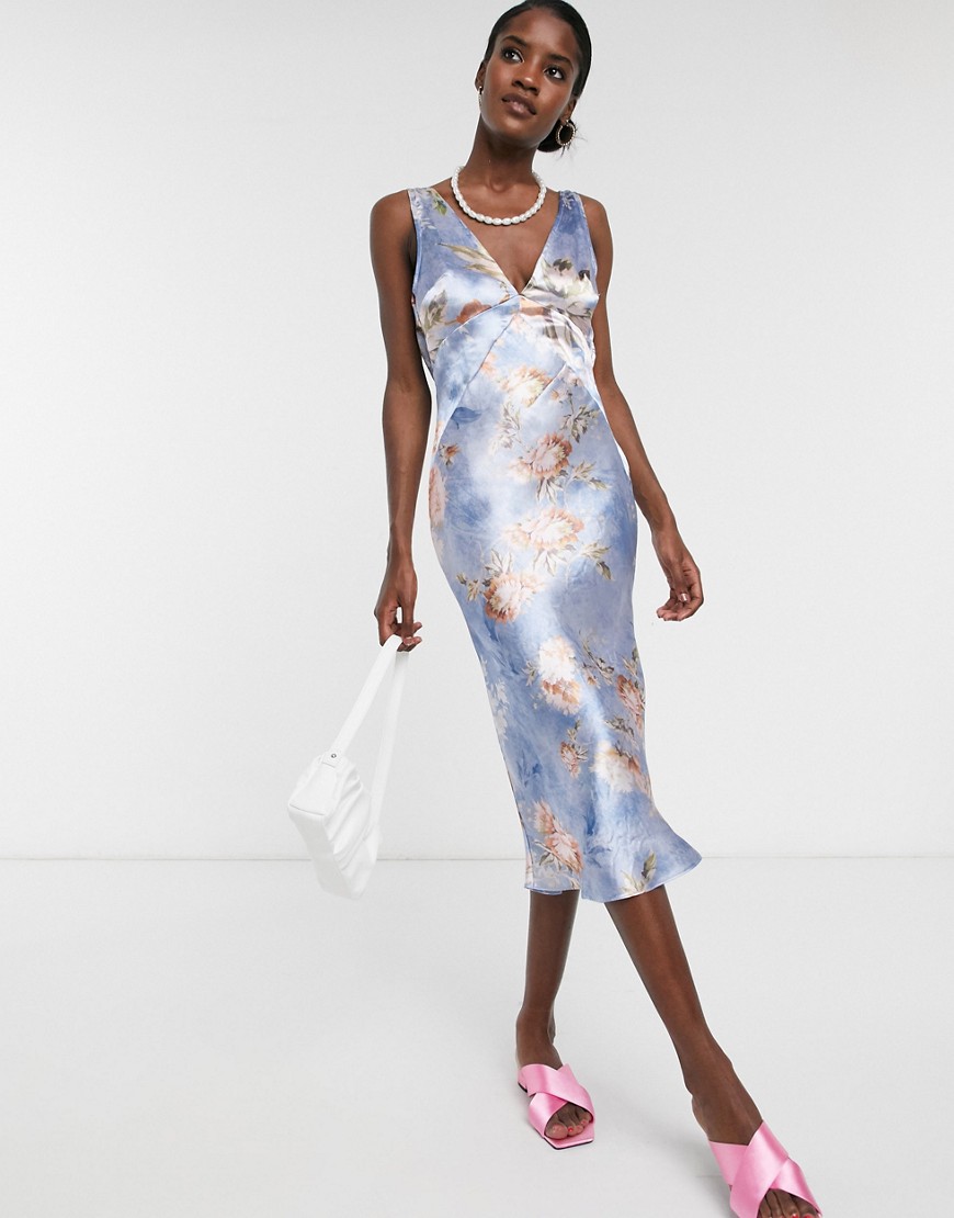 ASOS DESIGN - Satijnen midi-jurk met panelen en gedrapeerde achterkant met bloemenprint-Multi
