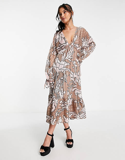 asos.com | Satijnen midi-jurk met strepen, stroken en abstracte bloemenprint