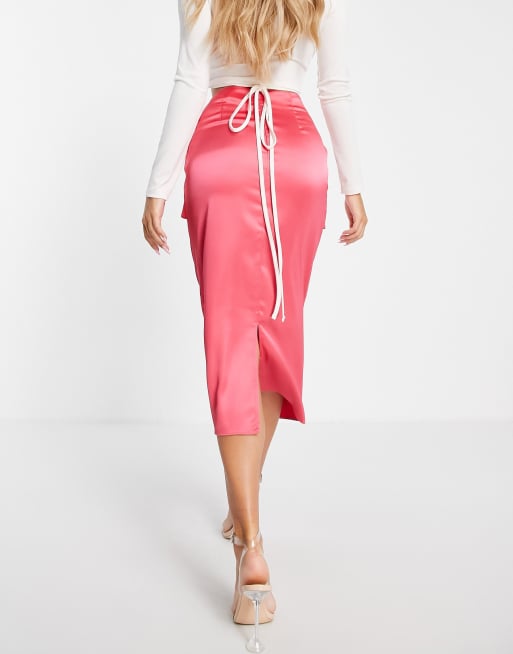 ASOS DESIGN - Satijnen midi rok met overslag en geknoopte accent in roze , 3 van 4