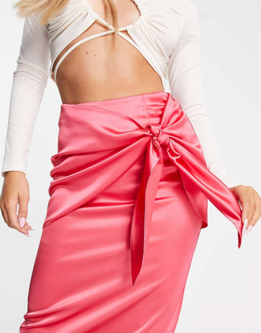 ASOS DESIGN - Satijnen midi rok met overslag en geknoopte accent in roze , 4 van 4
