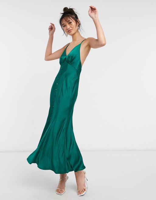 ASOS DESIGN - Satijnen midi-slipdress met camibandjes en knopen aan de voorkant in groenblauw