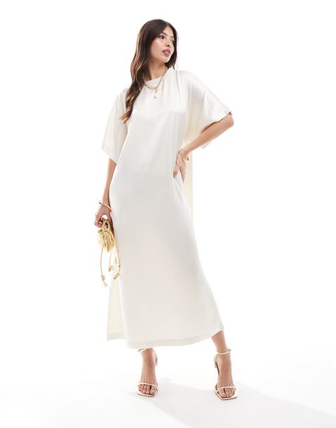 ASOS DESIGN - Satijnen midi T-shirtjurk in ivoorwit - view 1