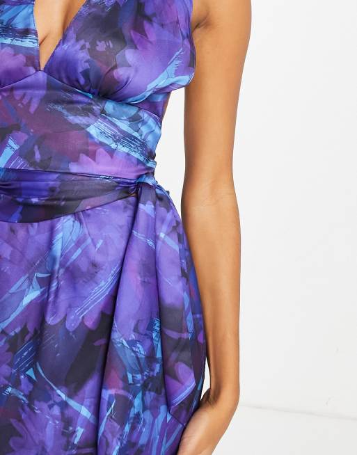 ASOS DESIGN - Satijnen midirok met overslag en blauwe vervaagde print, deel van co-ord set, 3 van 4