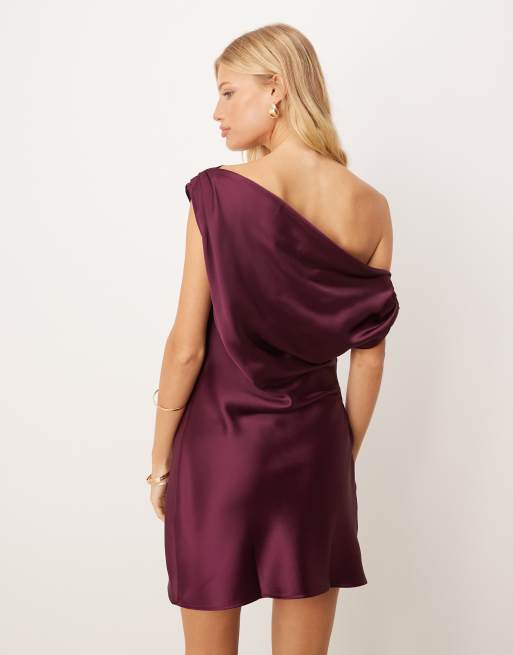 ASOS DESIGN - Satijnen mini-jurk met blote schouder en drapering in paars, 2 van 4