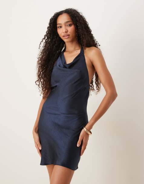 ASOS DESIGN - Satijnen mini jurk met halternek in marineblauw - view 1
