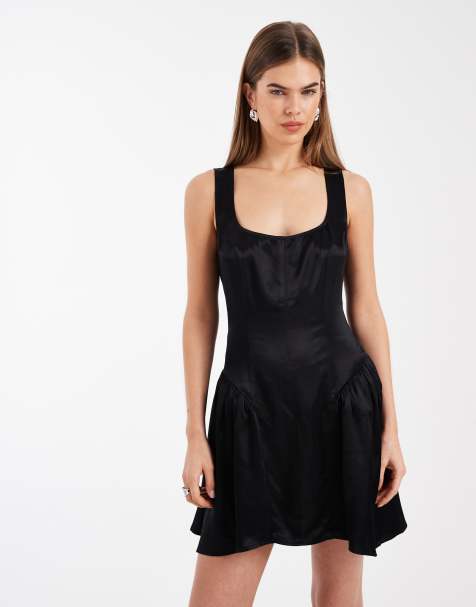 ASOS DESIGN - Satijnen mini korsetjurk met vierkante hals in zwart - view 1