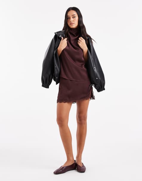 ASOS DESIGN - Satijnen mini rok met kanten rand en split aan de voorkant - view 1