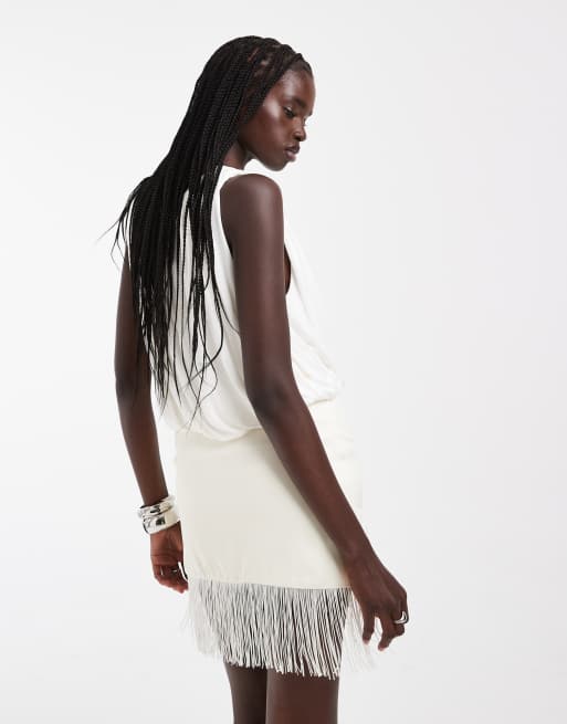 ASOS DESIGN satijnen minirok met lage taille en franjes in ivoorwit, 5 van 5