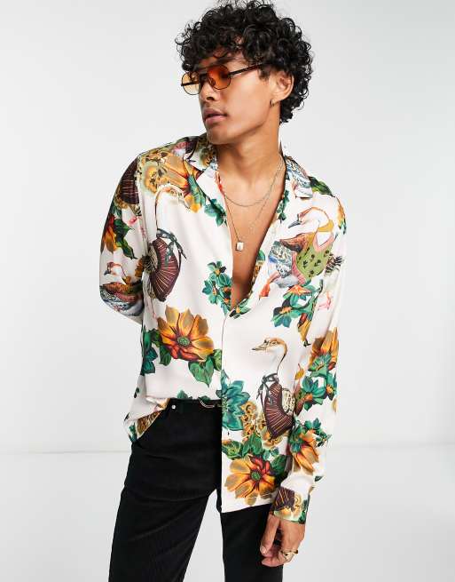 ASOS DESIGN - Satijnen overhemd met reverskraag in wit met eendenprint