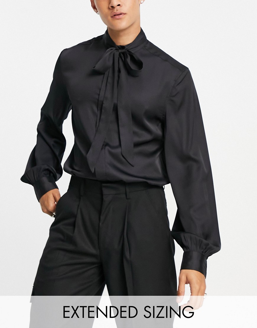 ASOS DESIGN - Satijnen overhemd met strikkraag en volumineuze blousonmouwen-Zwart