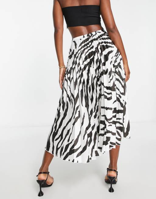 ASOS DESIGN Satijnen pliss midi rok in zwart witte zebraprint