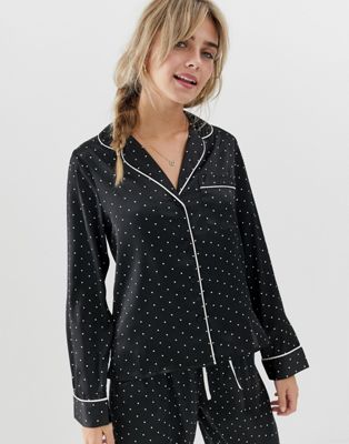 ASOS DESIGN - Satijnen pyjama-overhemd met stippen-Zwart