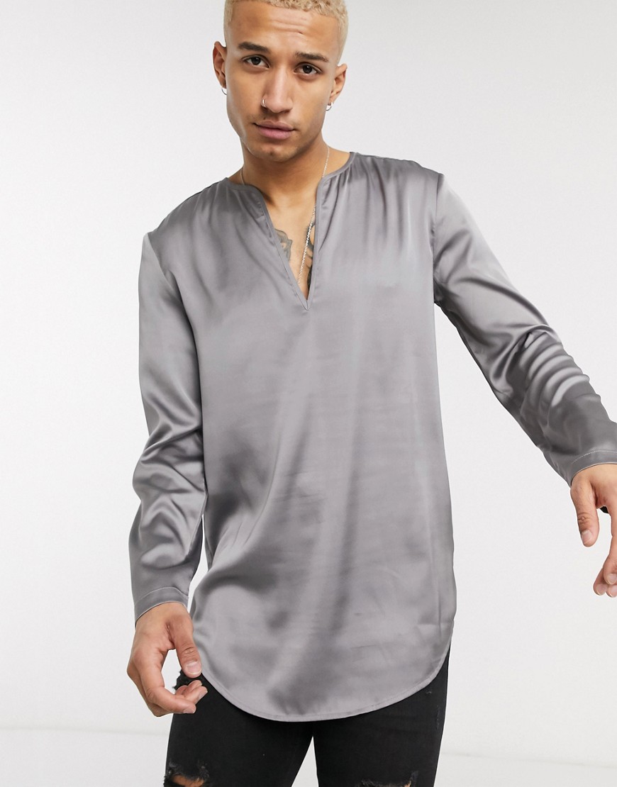 ASOS DESIGN - Satijnen regular-fit overhemd zonder sluiting in grijs