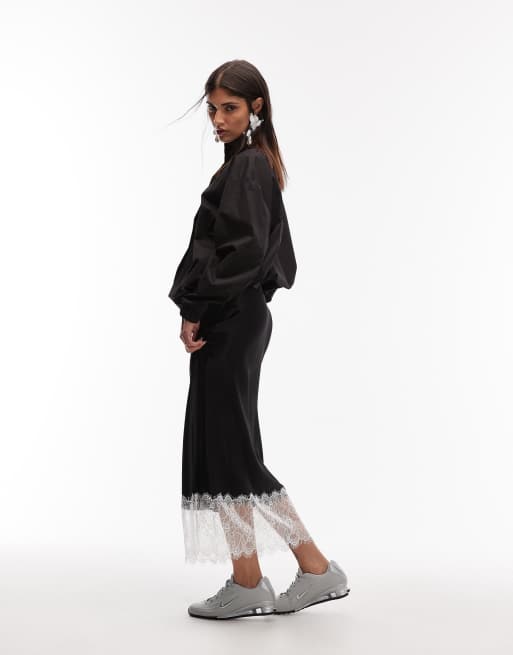 ASOS DESIGN - Satijnen rok met contrasterende kanten zoom in zwart, 2 van 5
