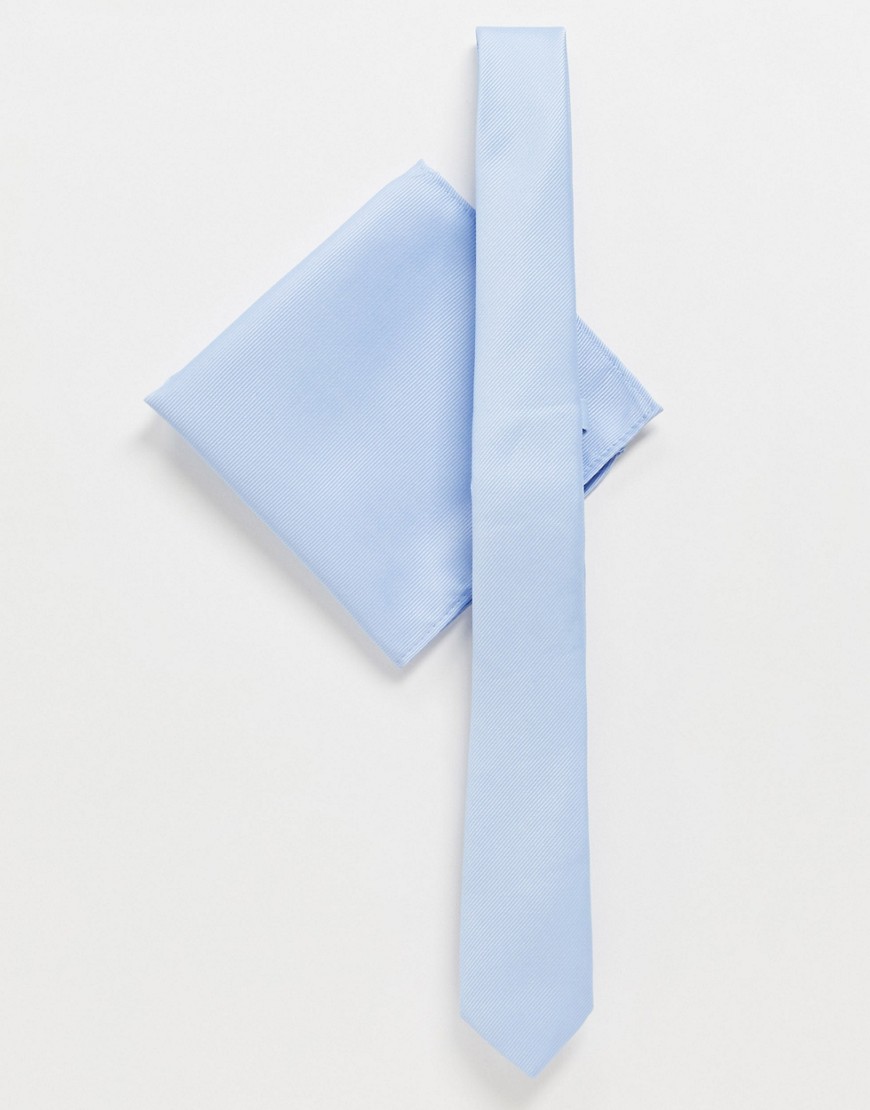ASOS DESIGN - Satijnen stropdas en pochet in vaalblauw