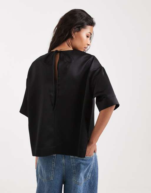 ASOS DESIGN - Satijnen T-shirt in zwart, 4 van 4