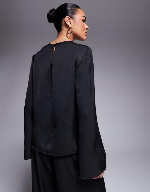 ASOS DESIGN - Satijnen top met lange mouwen in zwart, deel van co-ord set, 3 van 4