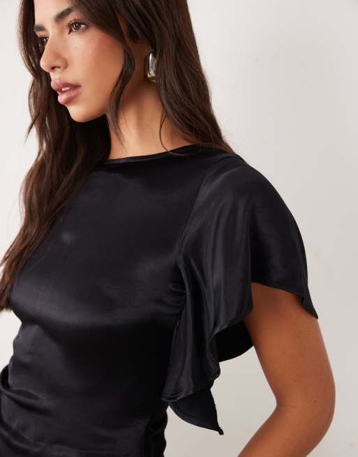 ASOS DESIGN satijnen top met watervalhals en asymmetrische mouwen, 3 van 4
