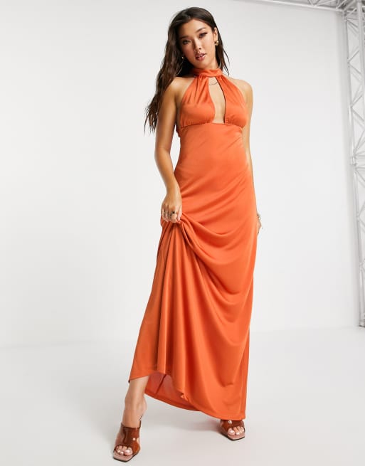 ASOS DESIGN satin 70's halter maxi dress in rust | ASOS