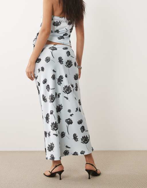 ASOS DESIGN satin 90's midi slip skirt in blue floral co ord, 5 of 5