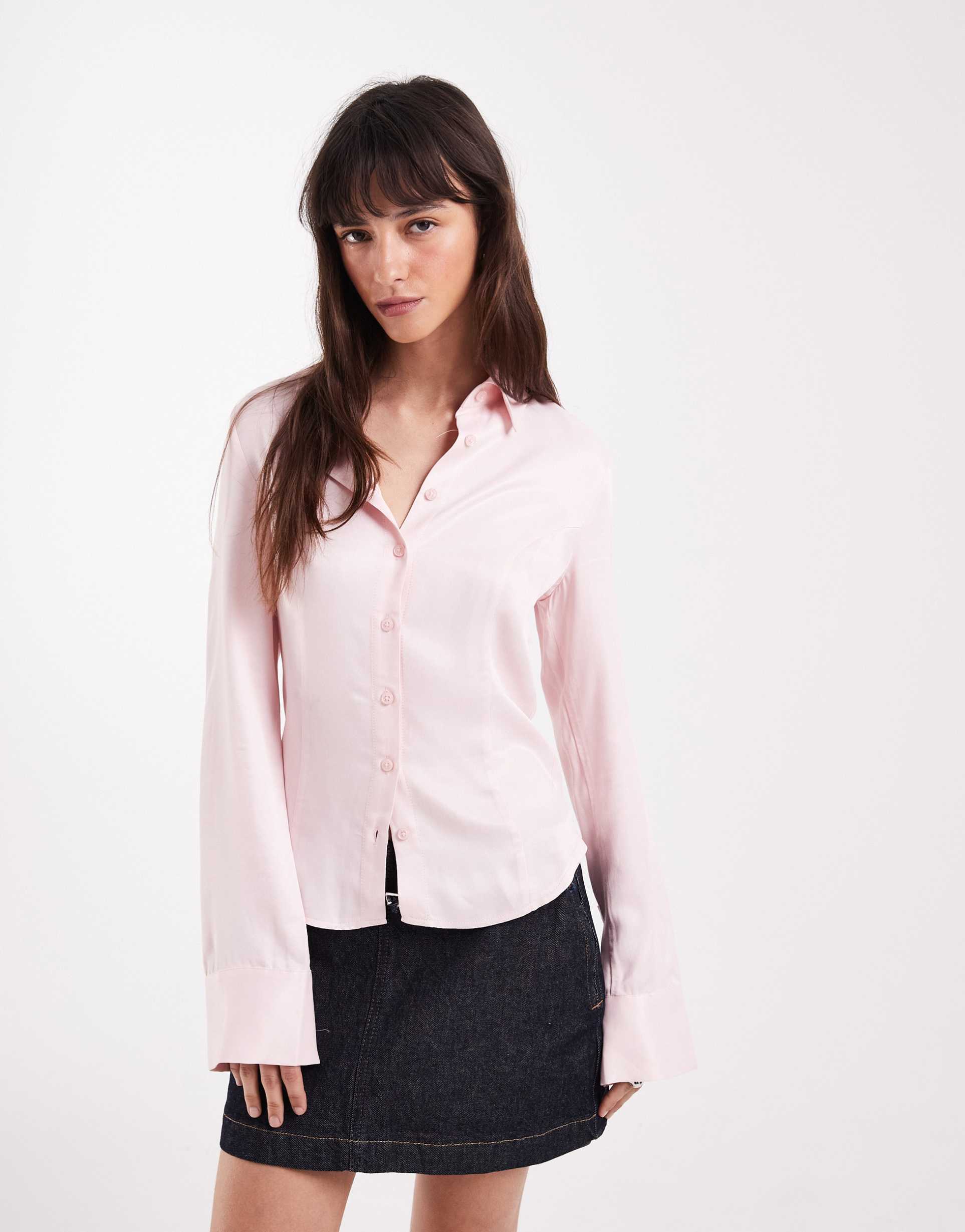 asos design satin 90s shrunken fitted shirt in pink
