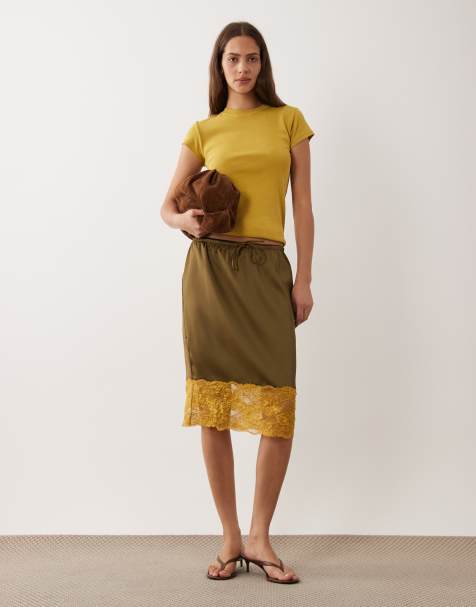 ASOS DESIGN satin 90's slip midi skirt in khaki and ochre with lace trim - view 1