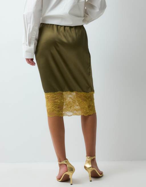 ASOS DESIGN satin 90's slip midi skirt in khaki and ochre with lace trim, 4 of 5