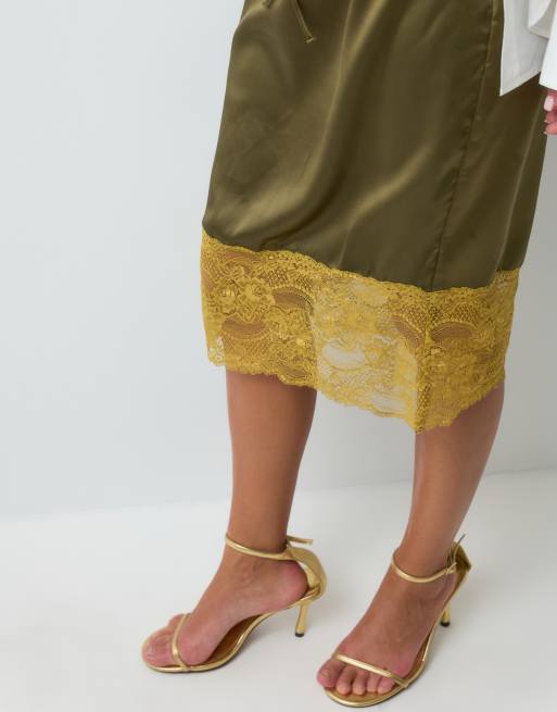 ASOS DESIGN satin 90's slip midi skirt in khaki and ochre with lace trim, 5 of 5