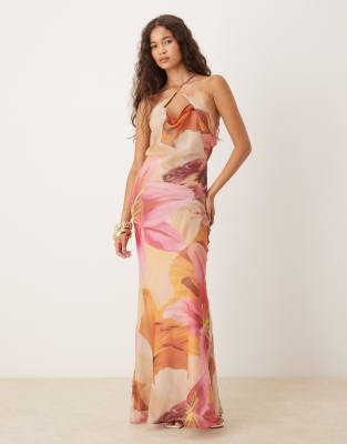 Asos Design Satin And Chiffon Mix Cowl Neck Bias Cut Maxi Dress