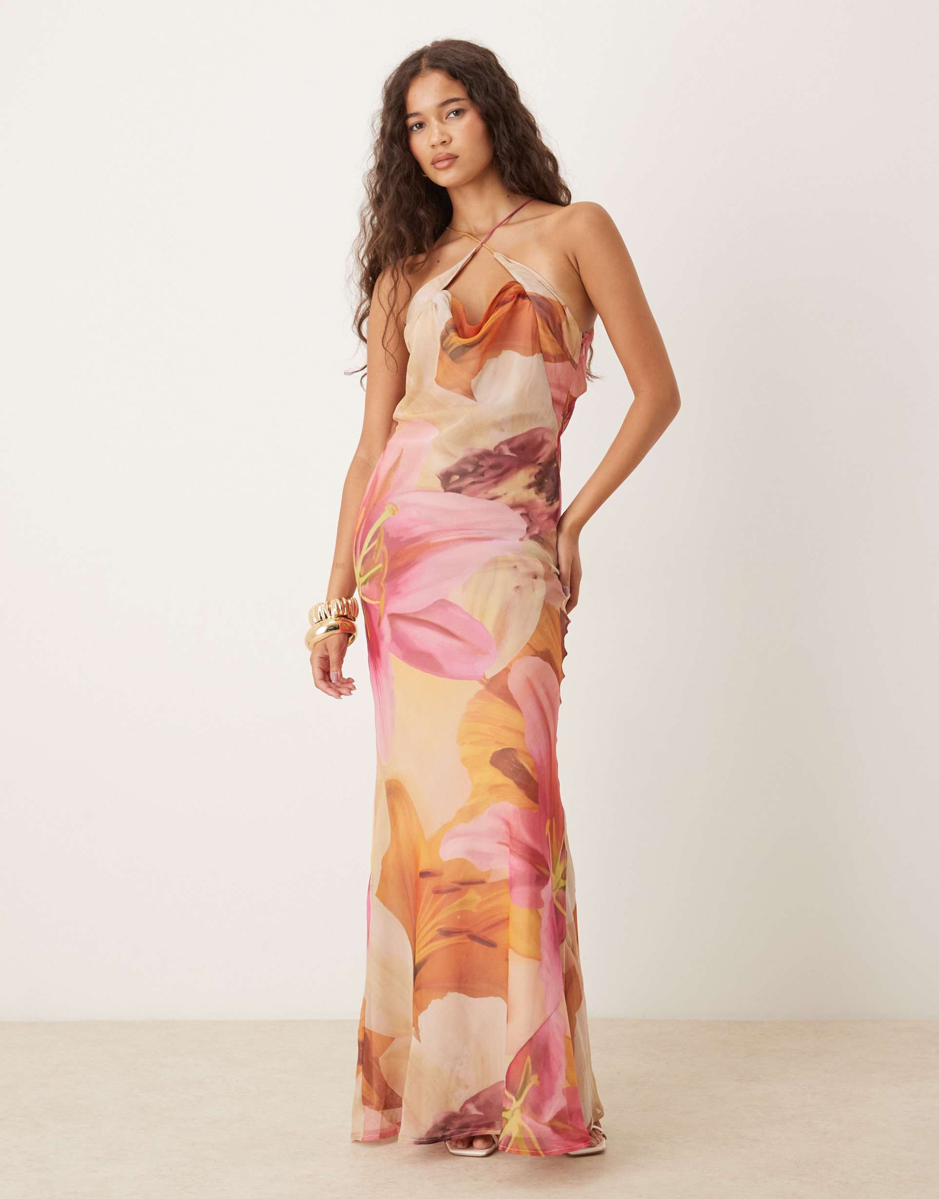 asos design satin and chiffon mix cowl neck bias cut maxi dress in overblown floral print