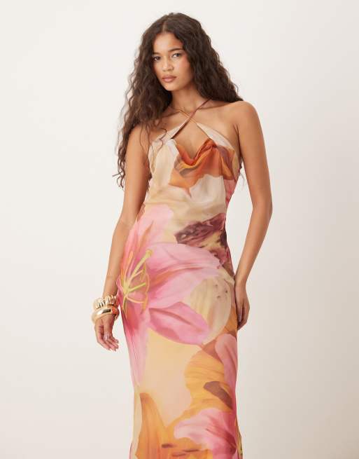 ASOS DESIGN satin and chiffon mix cowl neck bias cut maxi dress in overblown floral print