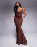 [ASOS DESIGN] ASOS DESIGN satin and chiffon mix cowl neck bias maxi dress in chocolate-Brown 16 Chocolate