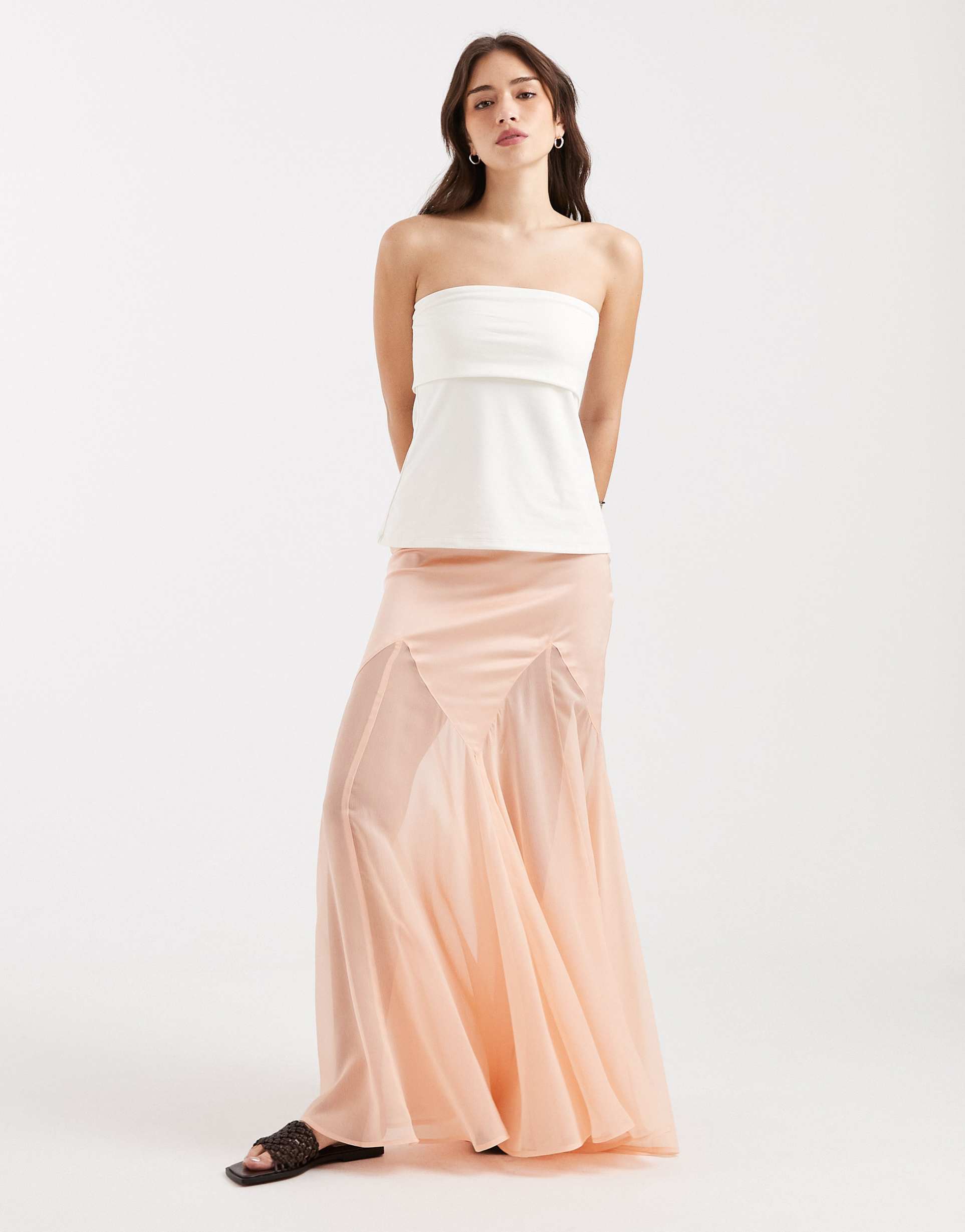 asos design satin and chiffon mix fishtail skirt in peach