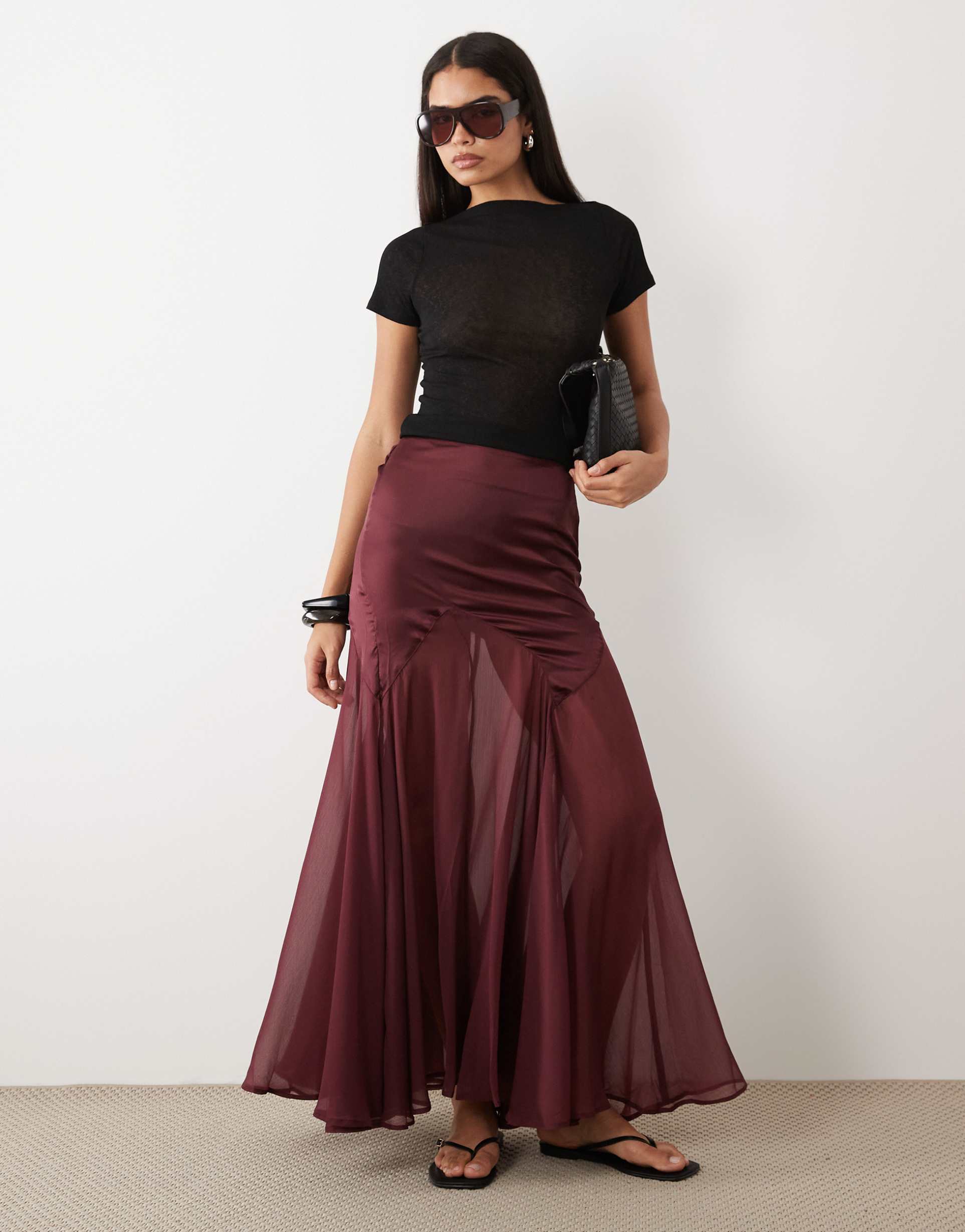 asos design satin and chiffon mix fishtail skirt in plum
