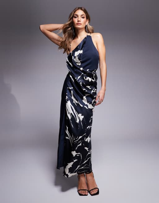 ASOS DESIGN satin and chiffon panelled draped maxi dress in mono abstract print