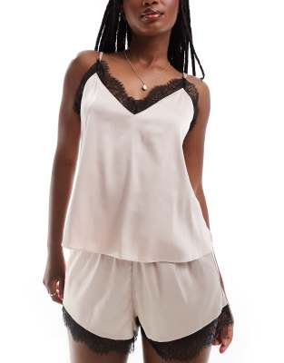 ASOS DESIGN ASOS DESIGN satin and lace cami and short set in pink-Black