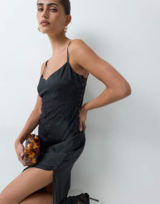 ASOS DESIGN satin and lace cami maxi dress in black, 2 of 5