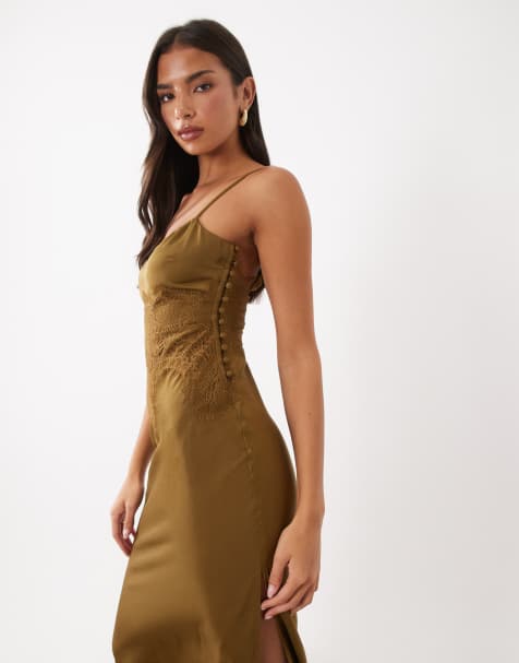 ASOS DESIGN satin and lace cami maxi dress in olive green - view 1
