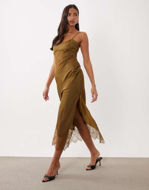 ASOS DESIGN satin and lace cami maxi dress in olive green, 2 of 4
